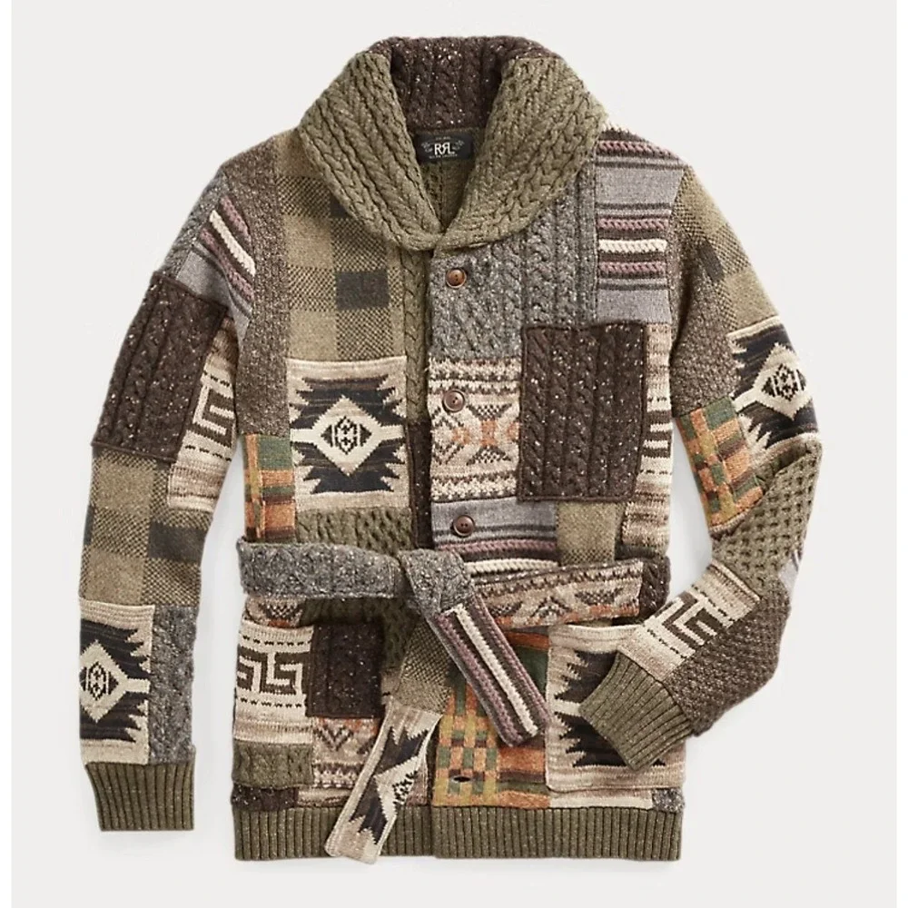 NWT RRL Double RL Patchwork Ranch Cardigan Shawl Collar Belted Wool Blend Mens S